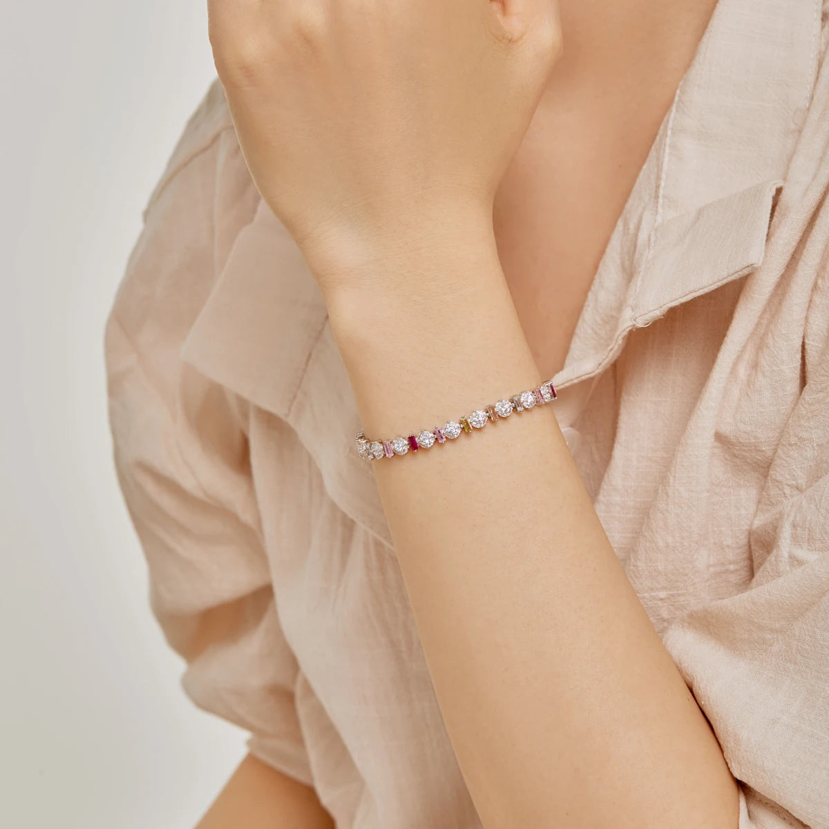 Rainbow Baguette and Sirius CZ Bezel Bracelets-s925