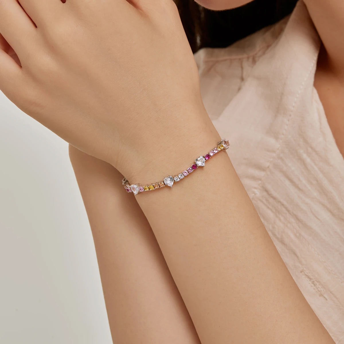 Rainbow Heart and Round CZ Bezel Bracelets-s925