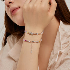 Rainbow Heart and Round CZ Bezel Bracelets-s925