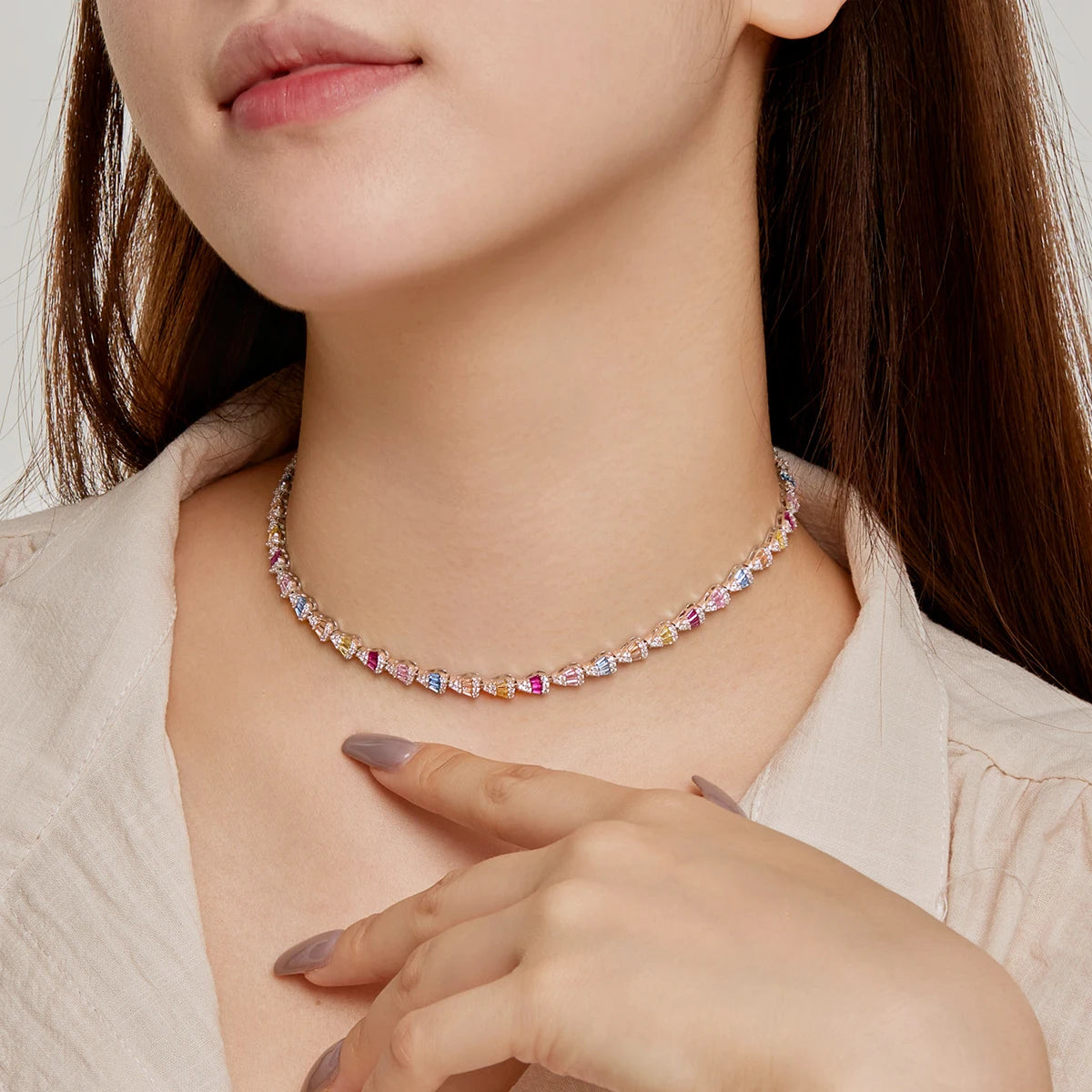 Rainbow Teardrop CZ Riviere Tennis Necklaces-s925