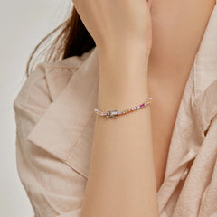 Rainbow Solitaire Heart and Round CZ Bezel Bracelets-s925