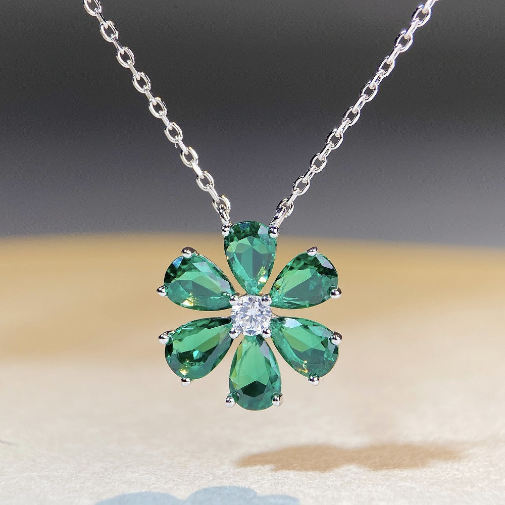 Daisy Shaped Pear and Round CZ Pendant Necklaces-s925