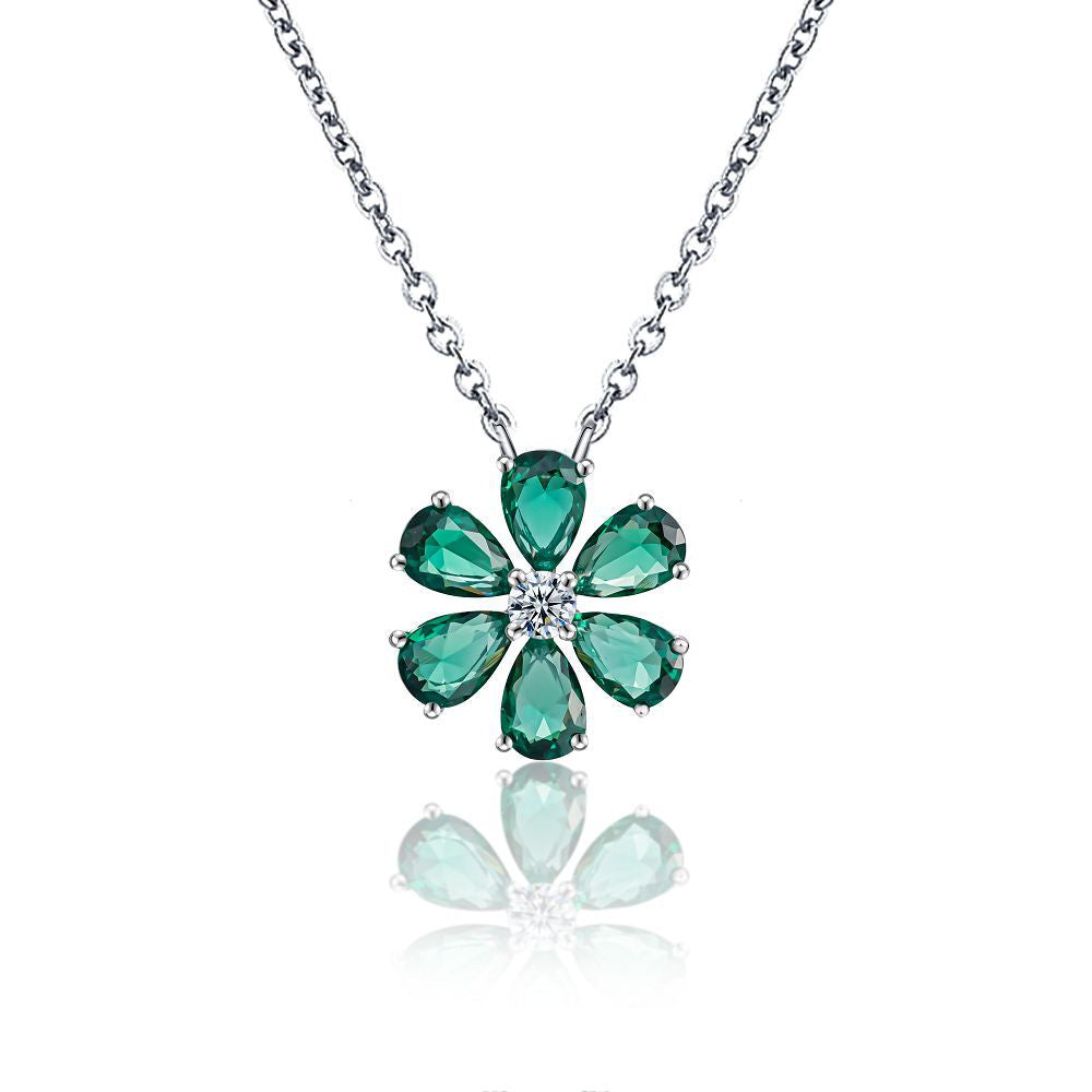 Daisy Shaped Pear and Round CZ Pendant Necklaces-s925