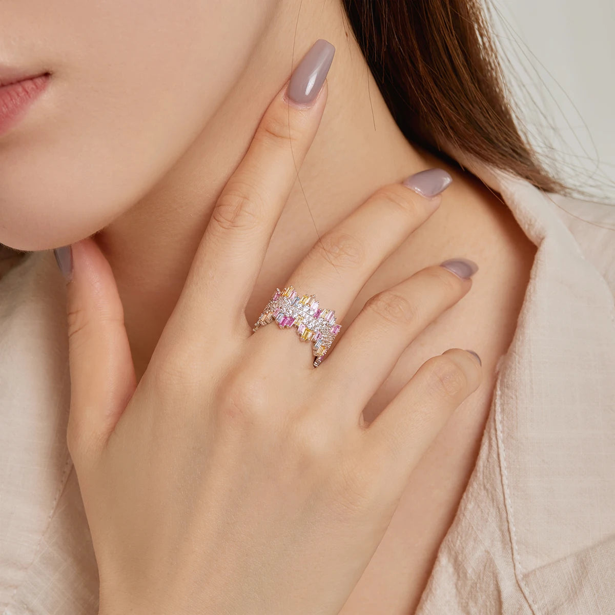 Rainbow Baguette Cluster CZ Band Ring-s925