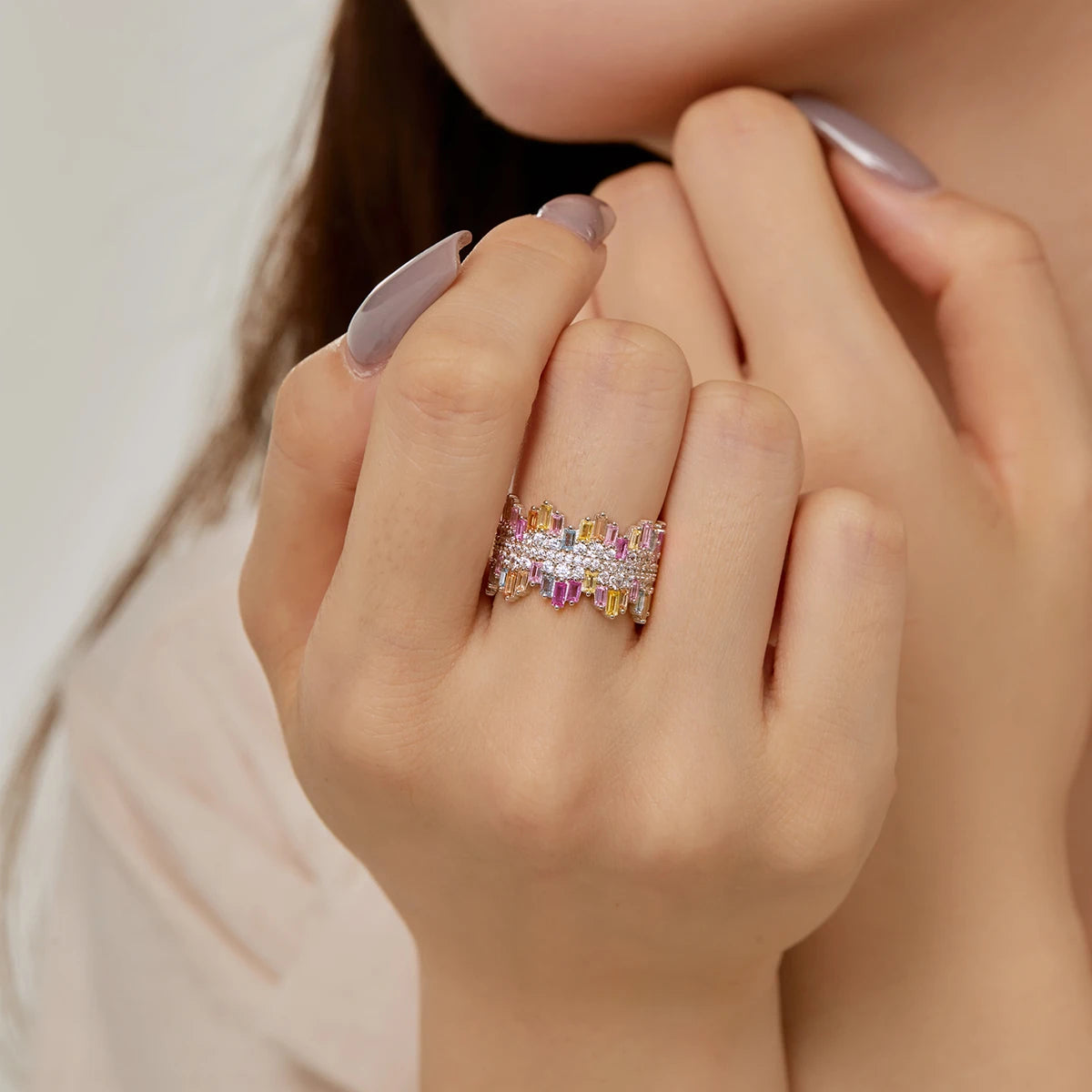 Rainbow Baguette Cluster CZ Band Ring-s925