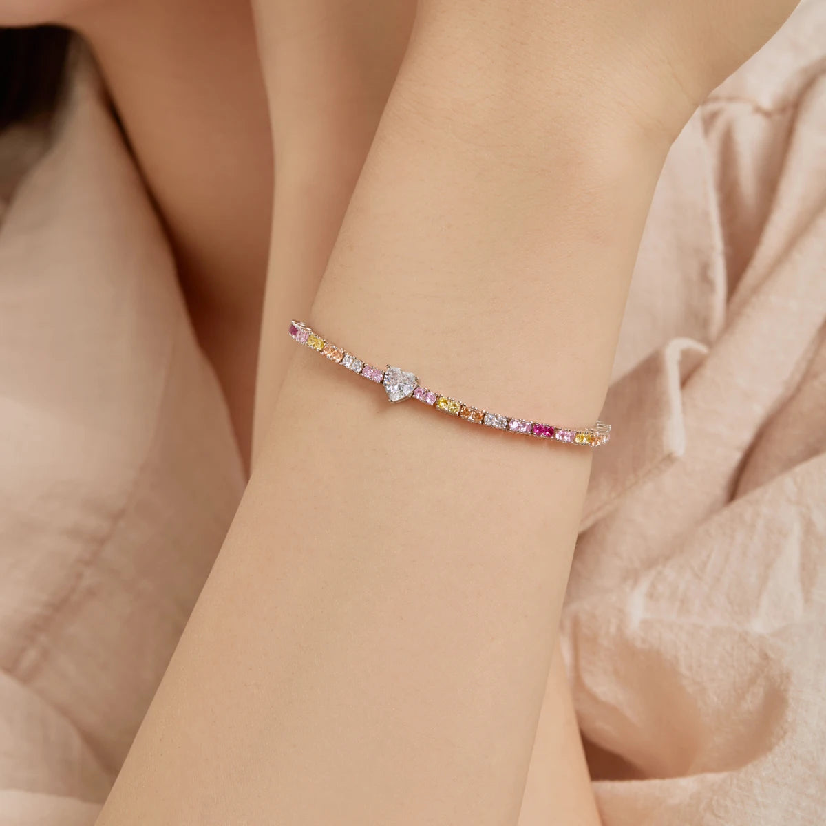 Rainbow Solitaire Heart and Round CZ Bezel Bracelets-s925