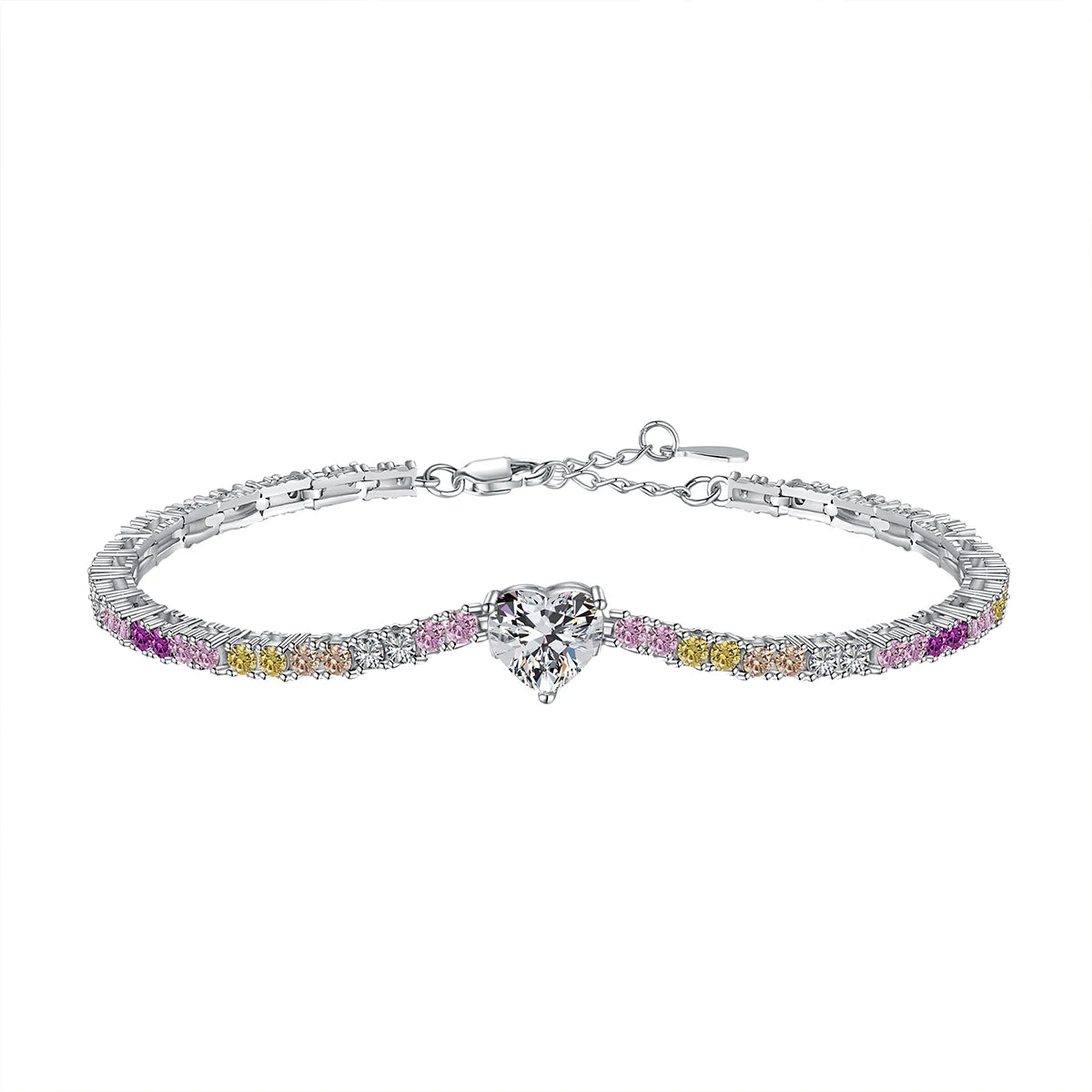 Rainbow Solitaire Heart and Round CZ Bezel Bracelets-s925