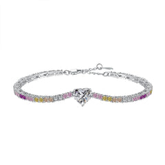 Rainbow Solitaire Heart and Round CZ Bezel Bracelets-s925