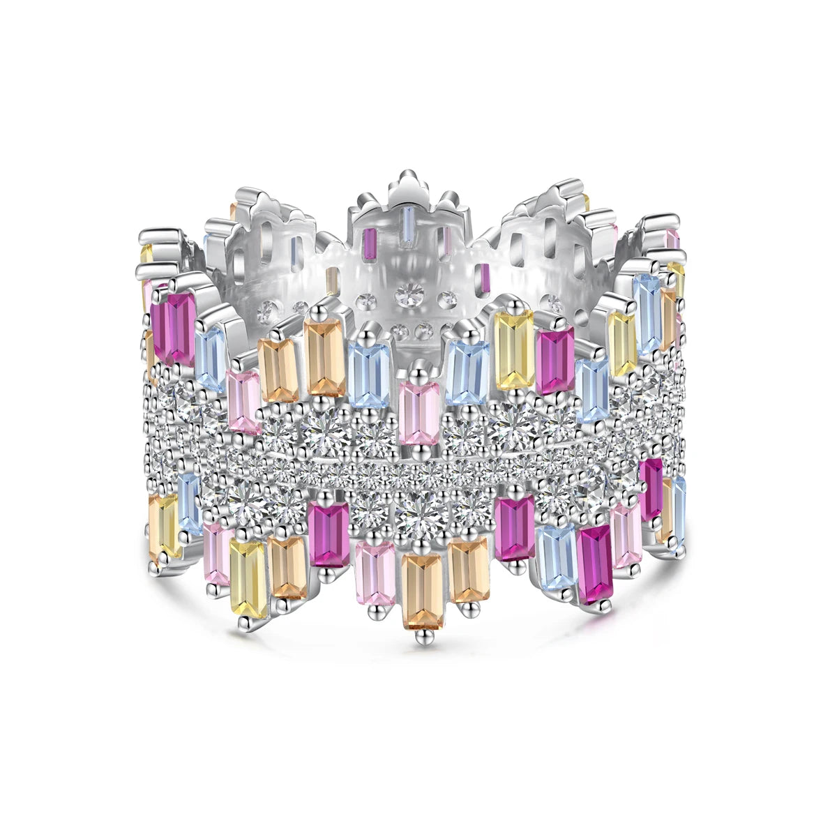 Rainbow Baguette Cluster CZ Band Ring-s925