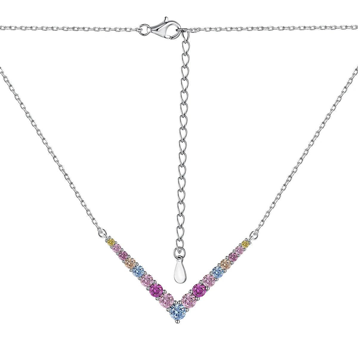 Rainbow Round CZ V-Shaped Pendant Necklaces-s925